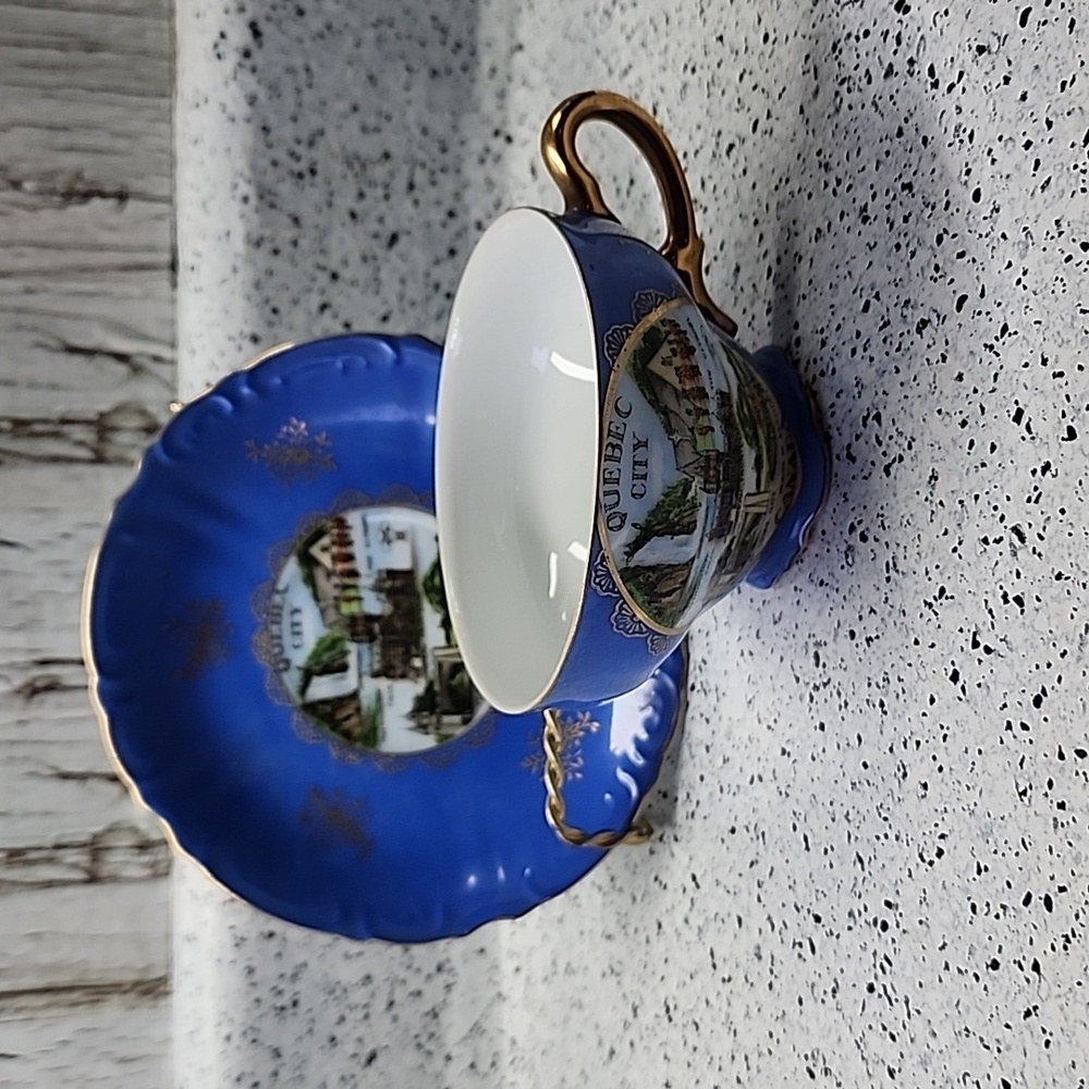 Hand Painted Canada Souvenir Tea Cup & Saucer, Made in Japan, Iridescent Blue
